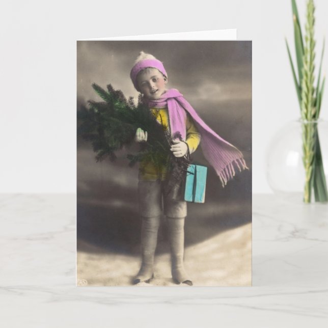 Tarjeta Festiva Vintage Christmas Boy (Anverso)