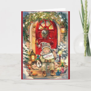 Tarjeta Festiva Vintage Christmas Boy y Dog