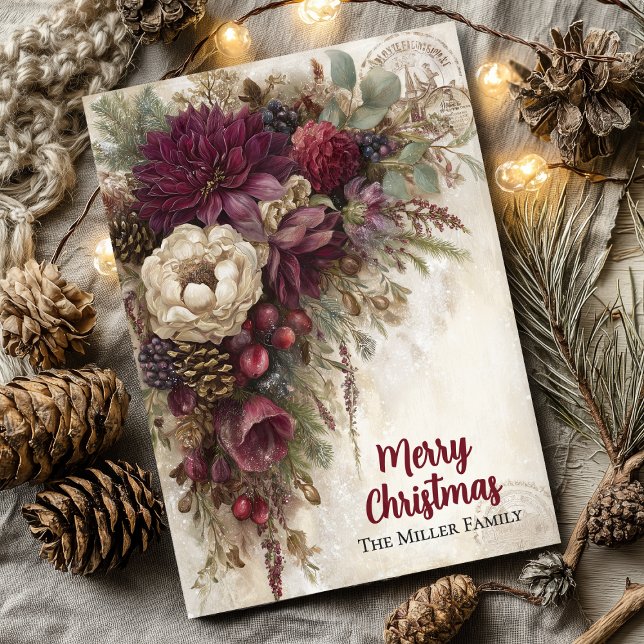 Tarjeta Festiva Vintage Christmas Burgundy Floral Personalized  (Subido por el creador)