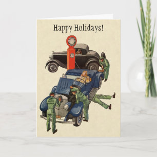 Tarjeta Festiva Vintage Christmas Business, Auto Car Gas Station