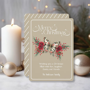 Tarjeta Festiva Vintage Christmas Butterfly Poinsettia