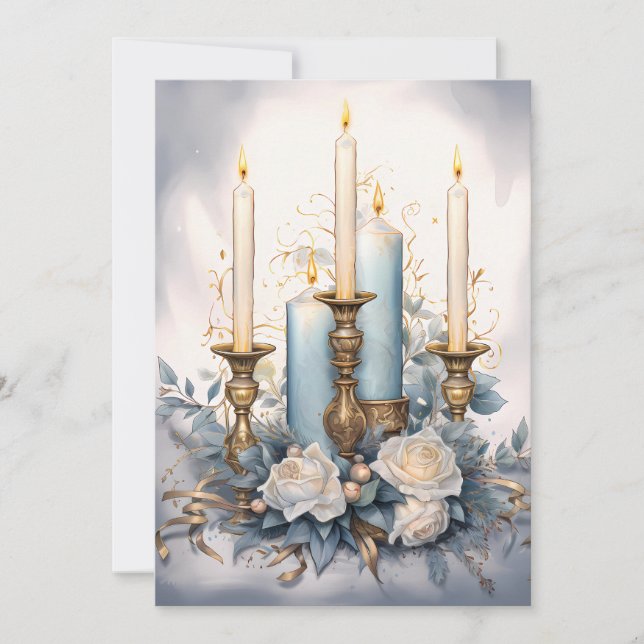 Tarjeta Festiva Vintage Christmas Candles Blue White Gold (Anverso)