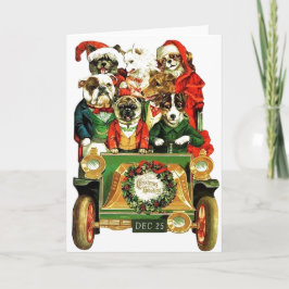 Tarjeta Festiva Vintage Christmas Car con perros