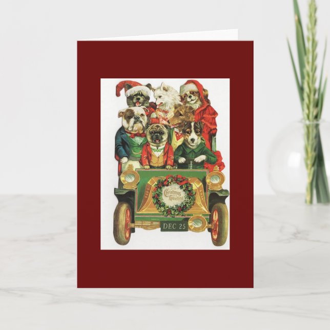 Tarjeta Festiva Vintage Christmas Car Load Of Dogs (Anverso)