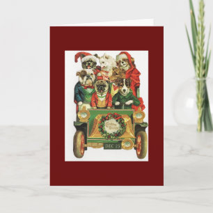 Tarjeta Festiva Vintage Christmas Car Load Of Dogs