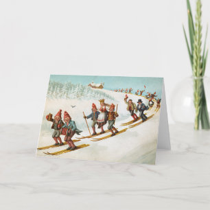 Tarjeta Festiva Vintage Christmas Card   Aldea Gnomes Ski Noruega