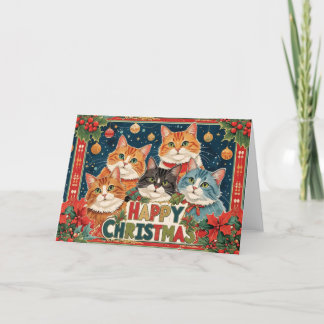 Tarjeta Festiva Vintage Christmas Card con diseño de gatos