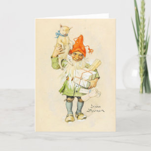 Tarjeta Festiva Vintage Christmas Card Elf Navidades con regalos