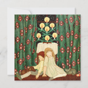 Tarjeta Festiva Vintage Christmas Card   Niños del árbol de Navida