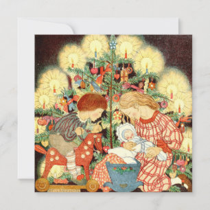Tarjeta Festiva Vintage Christmas Card   Niños del árbol de Navida