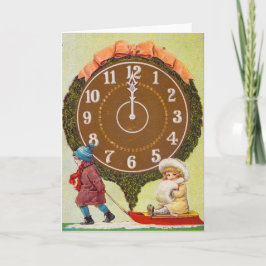Tarjeta Festiva Vintage Christmas Card | Niños en trineo