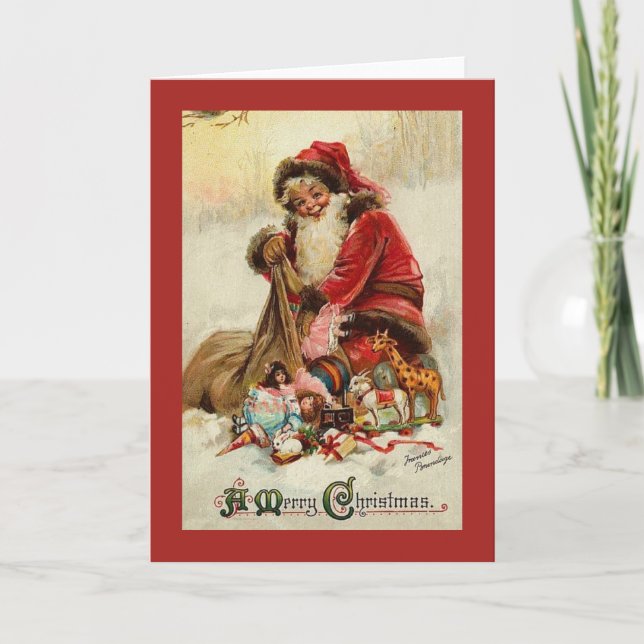 Tarjeta Festiva Vintage Christmas Card | Santa con regalos (Anverso)
