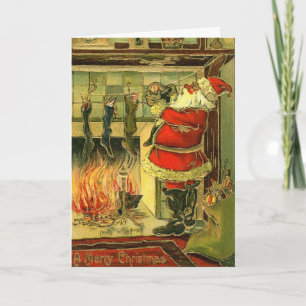 Tarjeta Festiva Vintage Christmas Card - Santa, Stockings
