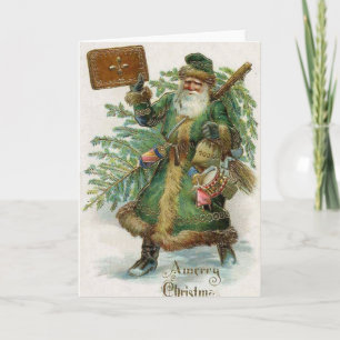 Tarjeta Festiva Vintage Christmas Card   Santa Verde