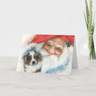 Tarjeta Festiva Vintage Christmas Card~Santa y Border Collie Pup