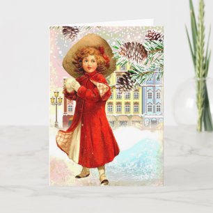 Tarjeta Festiva Vintage Christmas Card Young Chica Red Coat Villag