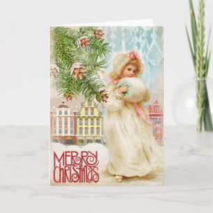 Tarjeta Festiva Vintage Christmas Card Young White fur Village