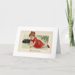 Tarjeta Festiva Vintage Christmas Chica y Black Cat Greet Card