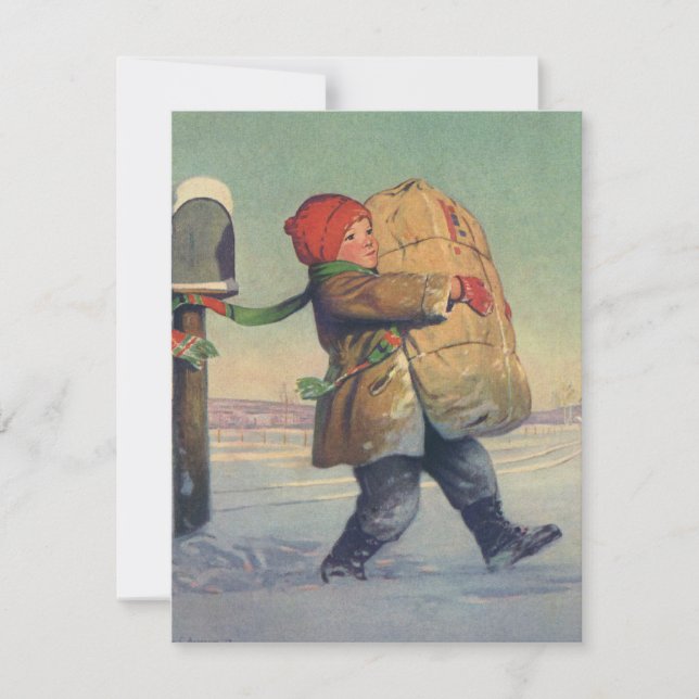 Tarjeta Festiva Vintage Christmas, Child with Large Package (Anverso)