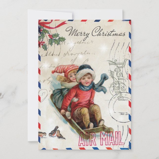 Tarjeta Festiva Vintage Christmas Children Riding Sled (Anverso)