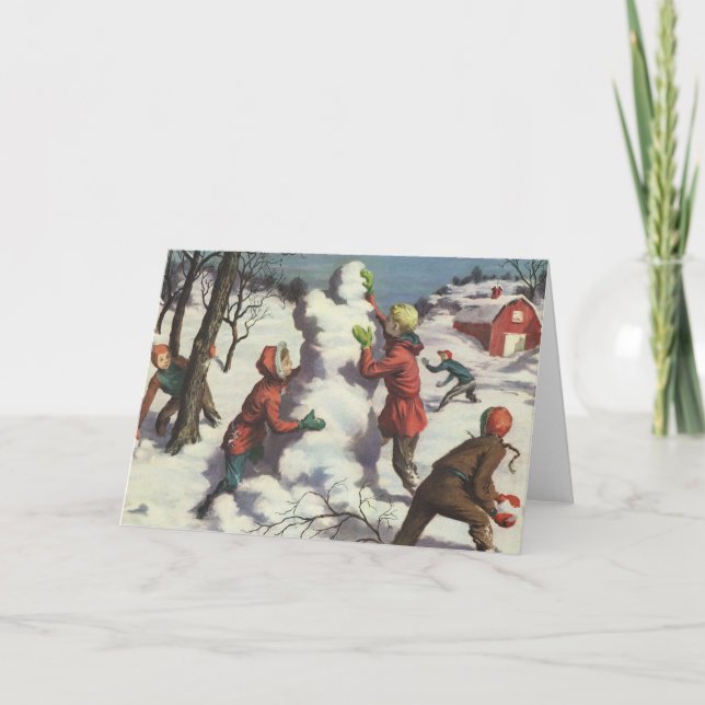 Tarjeta Festiva Vintage Christmas, Children Snowball Fiesta (Anverso)