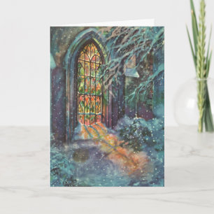 Tarjeta Festiva Vintage Christmas Church con ventana de vidrio man