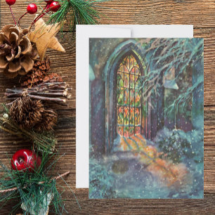 Tarjeta Festiva Vintage Christmas Church con ventana de vidrio man