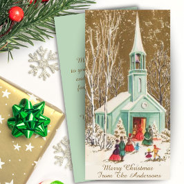 Tarjeta Festiva Vintage Christmas Church in Gold y Green Personali