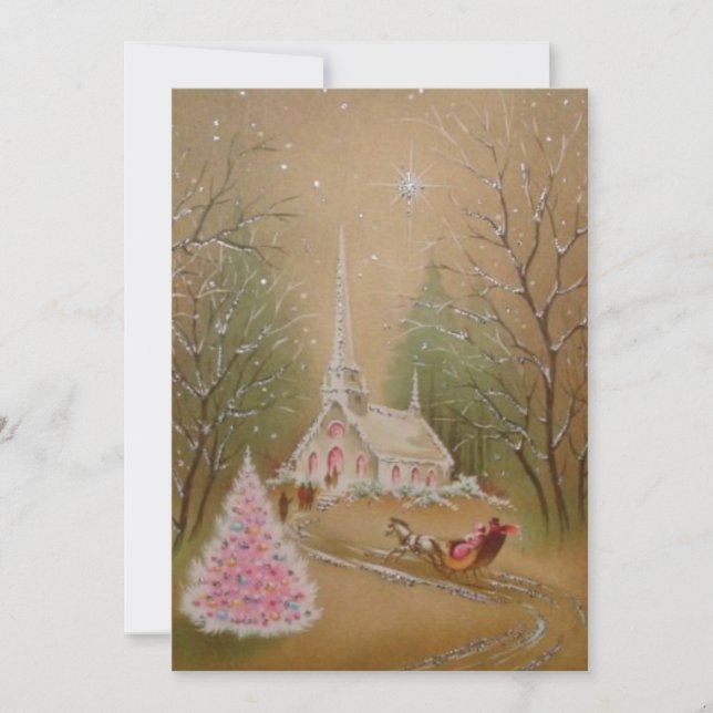 Tarjeta Festiva Vintage Christmas Church Purpurina Winter (Anverso)