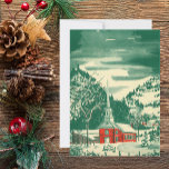 Tarjeta Festiva Vintage Christmas Church, Snowscape in Winter<br><div class="desc">Vintage illustration Christmas holiday religious design featuring a quaint chapel in a cute mountain town. A winter nature landscape with mountains,  trees and snow. The original is a red and green fine art watercolor painting.</div>