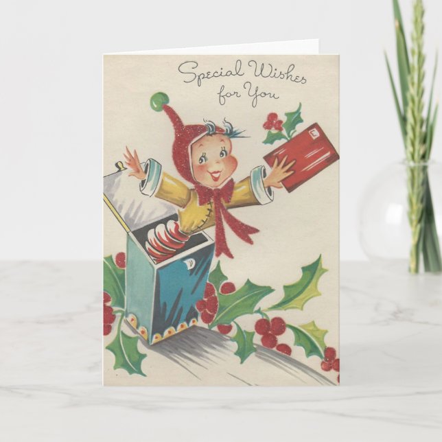 Tarjeta Festiva Vintage Christmas Elf In A Box (Anverso)