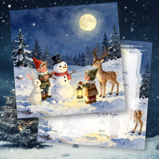 Tarjeta Festiva Vintage Christmas Elves and Snowman Personalized (Subido por el creador)