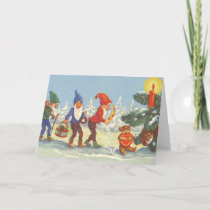 Tarjeta Festiva Vintage Christmas, Elves in the Snow Forest Winter