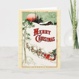 Tarjeta Festiva Vintage Christmas Eve Santa, Sleigh y Reindee