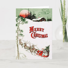 Tarjeta Festiva Vintage Christmas Eve Santa, Sleigh y Reindee