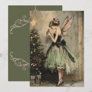 Tarjeta Festiva Vintage Christmas Fairy in Green Decorating Tree