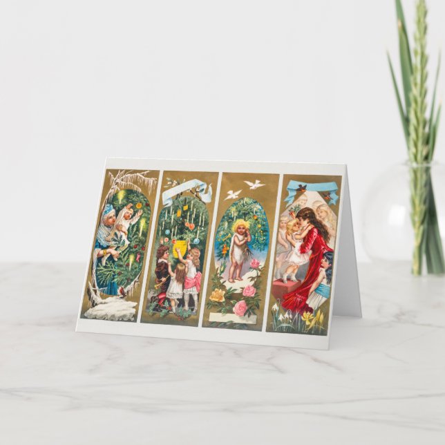 Tarjeta Festiva Vintage Christmas Families and Christmas Trees (Anverso)