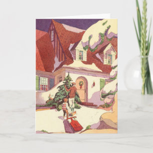 Tarjeta Festiva Vintage Christmas, Family House in the Snow