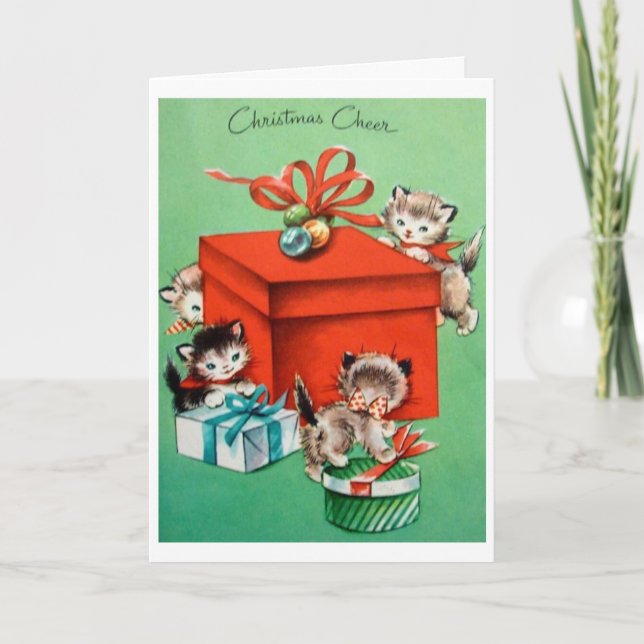 Tarjeta Festiva Vintage Christmas - Gatitos y Navidades aplauden, (Anverso)
