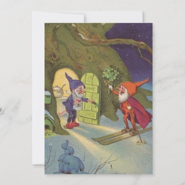 Tarjeta Festiva Vintage Christmas Gnomes Snow Skip (Anverso)