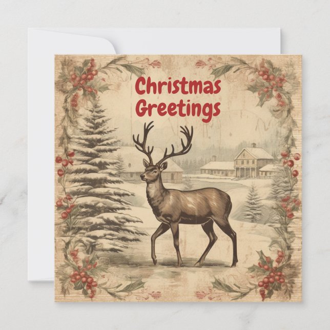Tarjeta Festiva Vintage Christmas Greetings Deer (Anverso)