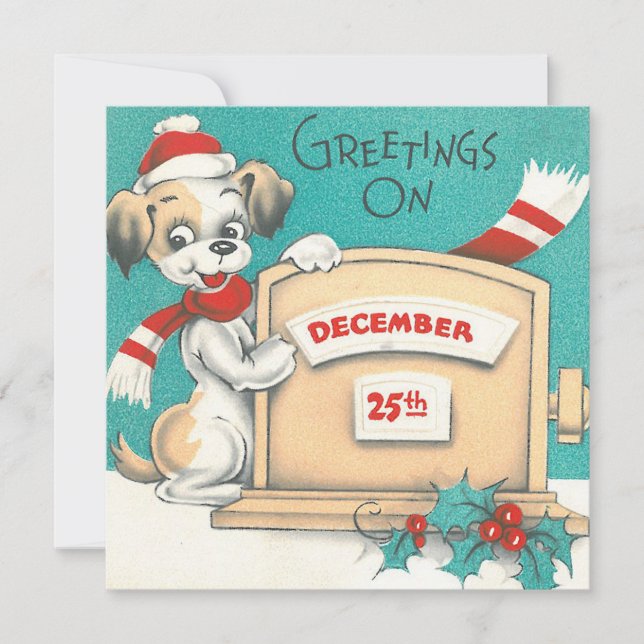 Tarjeta Festiva Vintage Christmas Greetings Dog (Anverso)