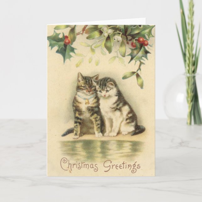 Tarjeta Festiva Vintage Christmas Greetings Kitty Cats (Anverso)
