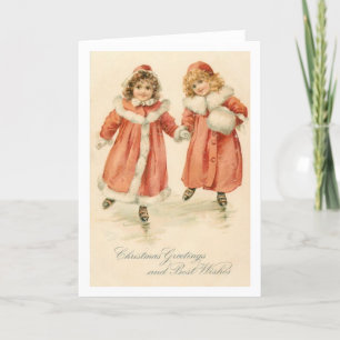 Tarjeta Festiva Vintage Christmas Greetings Little Girls