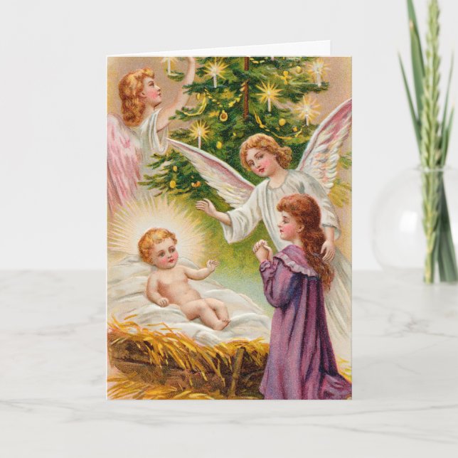 Tarjeta Festiva Vintage Christmas Greetings Natividad (Anverso)