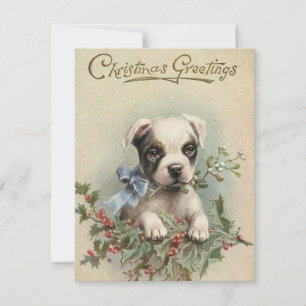 Tarjeta Festiva Vintage Christmas Greetings Puppy En Holly Berry