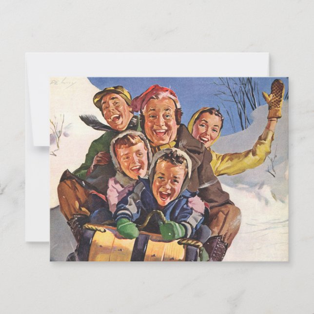 Tarjeta Festiva Vintage Christmas, Happy Family Toboggan Sledding (Anverso)