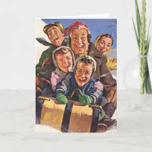 Tarjeta Festiva Vintage Christmas, Happy Family Toboggan Sledding