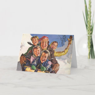 Tarjeta Festiva Vintage Christmas, Happy Family Toboggan Sledding