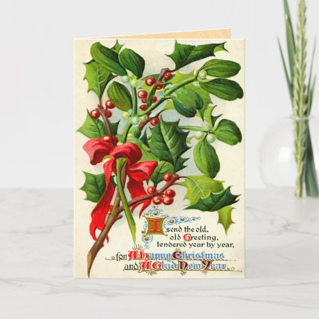 Tarjeta Festiva Vintage Christmas Holly (Anverso)